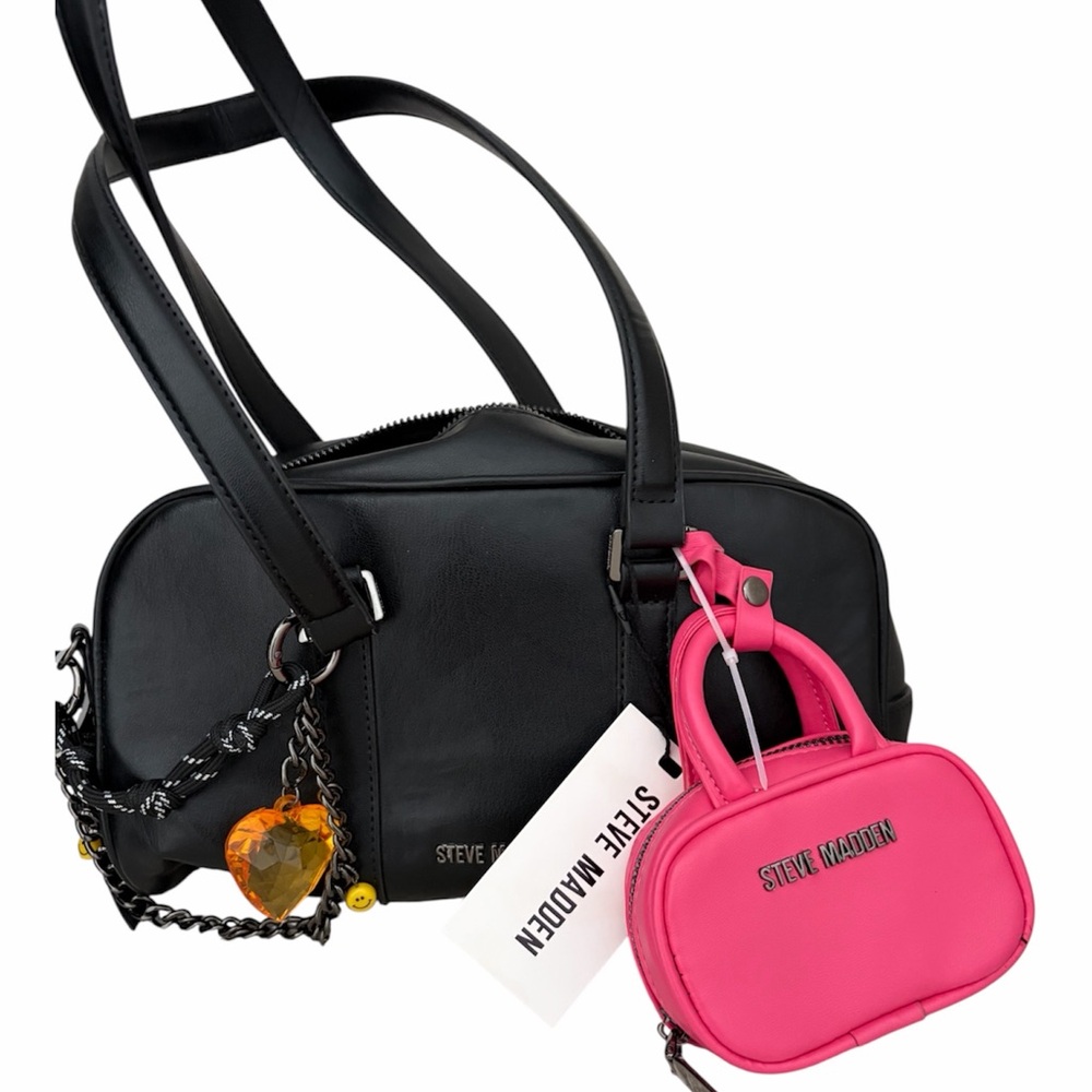 Steve Madden MOORE Black Shoulder and mini Hot Pink Bag Set